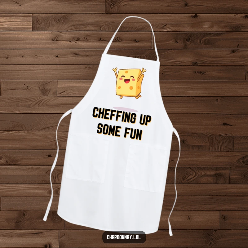 Funny apron with a cheerful block of cheese leaping joyfully, ready to add hilarious dairy-themed fun to any cooking task.