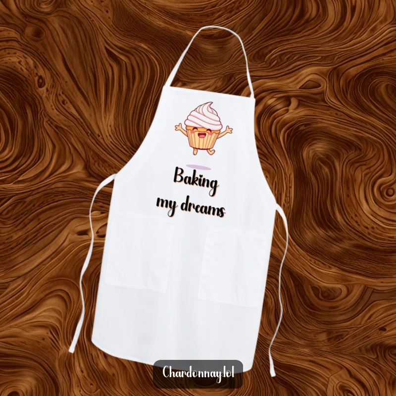Funny giggling cupcake apron, a cheerful dessert character leaping with frosting, ready for hilarious culinary creations.