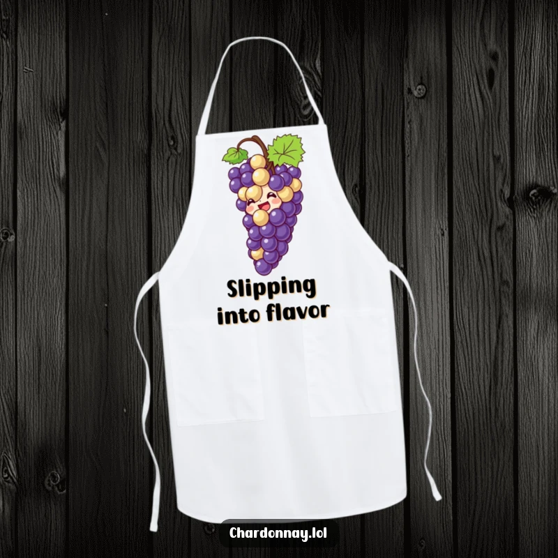 Funny apron depicting giggling grapes sliding down a bottle. Great for wine lovers and home cooks who appreciate humor.