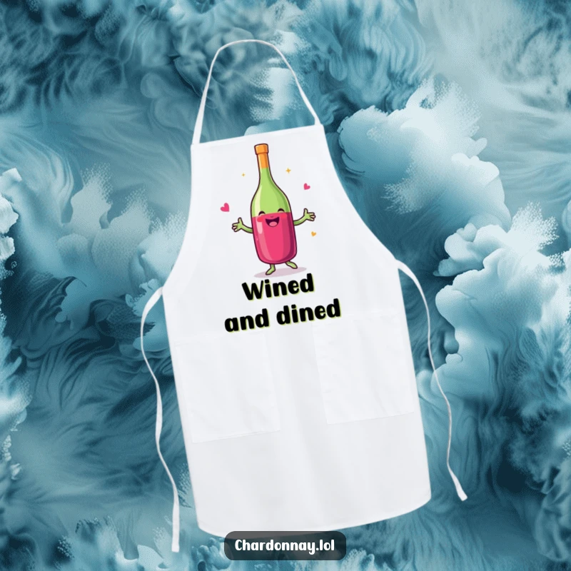 Funny apron featuring a smiling wine bottle doing a happy dance, ready to bring cheer to any kitchen adventure.
