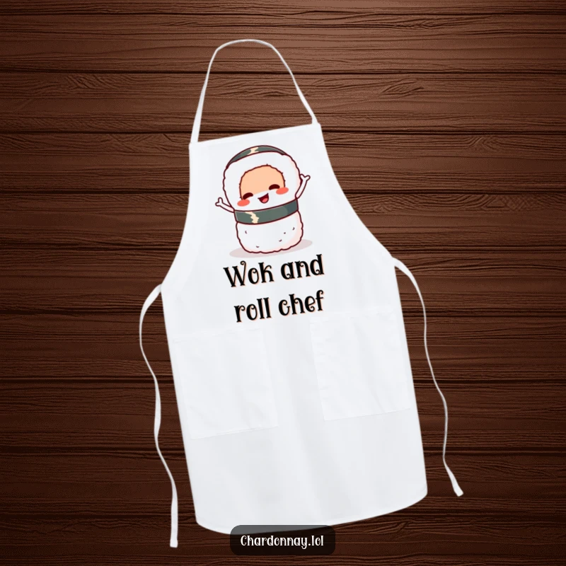 Funny sushi roll apron, a cartoon sushi roll wiggling and balancing, ready to add delight to any kitchen task.