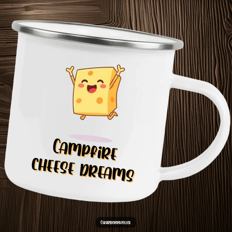Funny camping mug with a cheerful block of cheese leaping joyfully, perfect for enjoying beverages during outdoor adventures with a humorous twist.