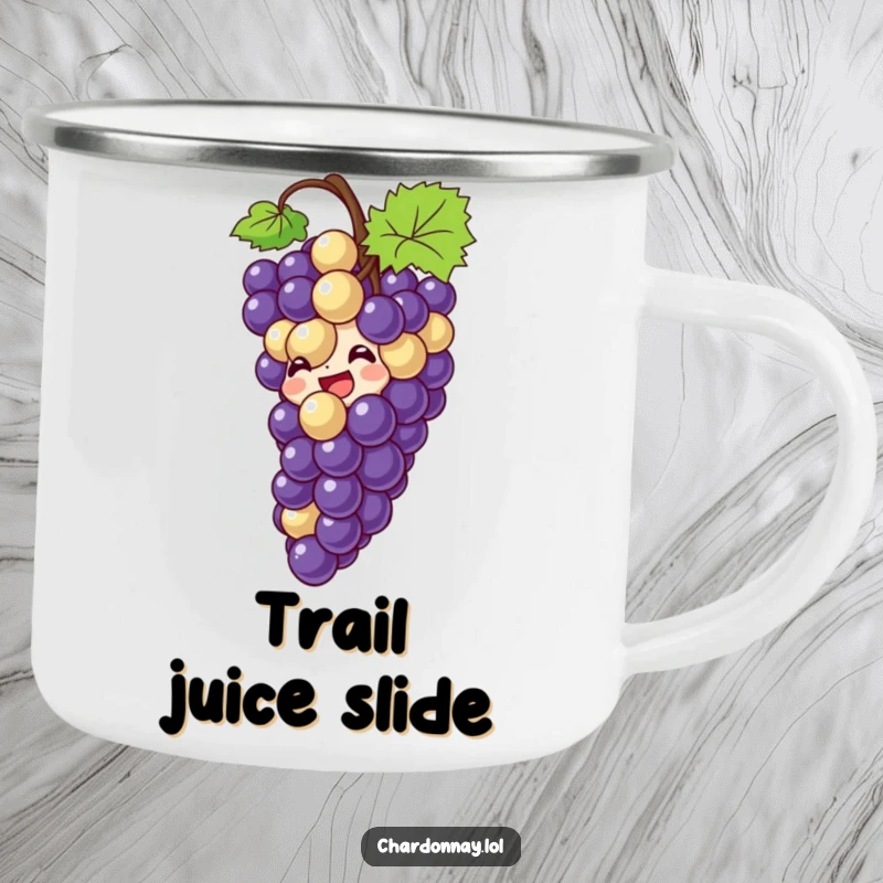 Funny camping mug featuring giggling grapes sliding down a bottle. Durable and humorous, perfect for outdoor wine enthusiasts.