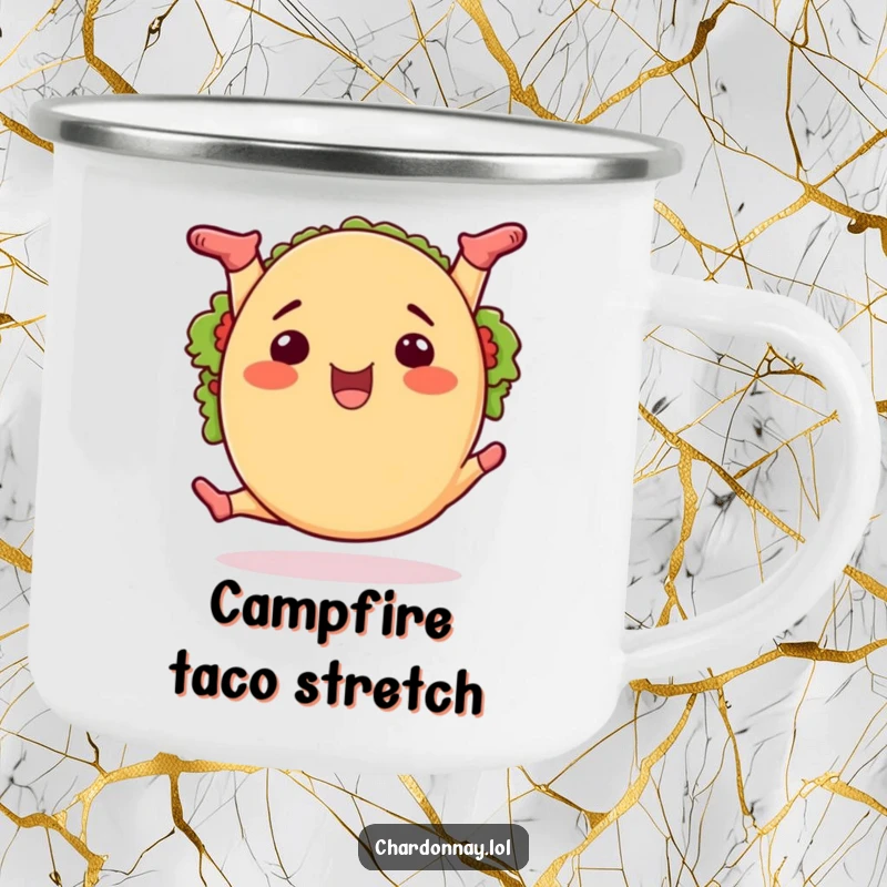 Funny taco splits camping mug, a durable mug featuring a cartoon taco doing the splits, perfect for adventurous eaters.