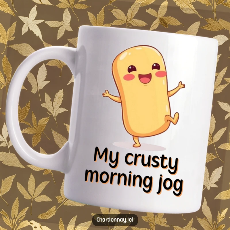 Funny mug featuring a cheerful baguette with short legs joyfully kicking its heels up in a celebratory pose.