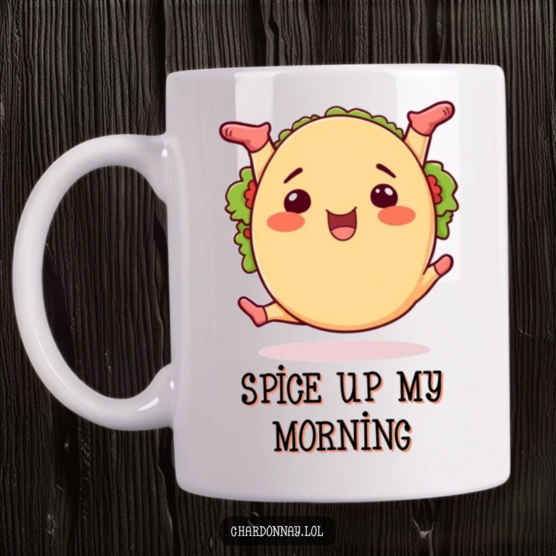 Funny happy taco doing the splits mug, a cartoon taco in a wide leg split, looking joyful and energetic.