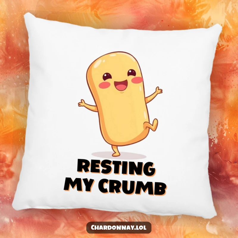 Funny pillow featuring a happy baguette with stubby legs kicking its heels up, offering comfort and a dash of humorous charm.