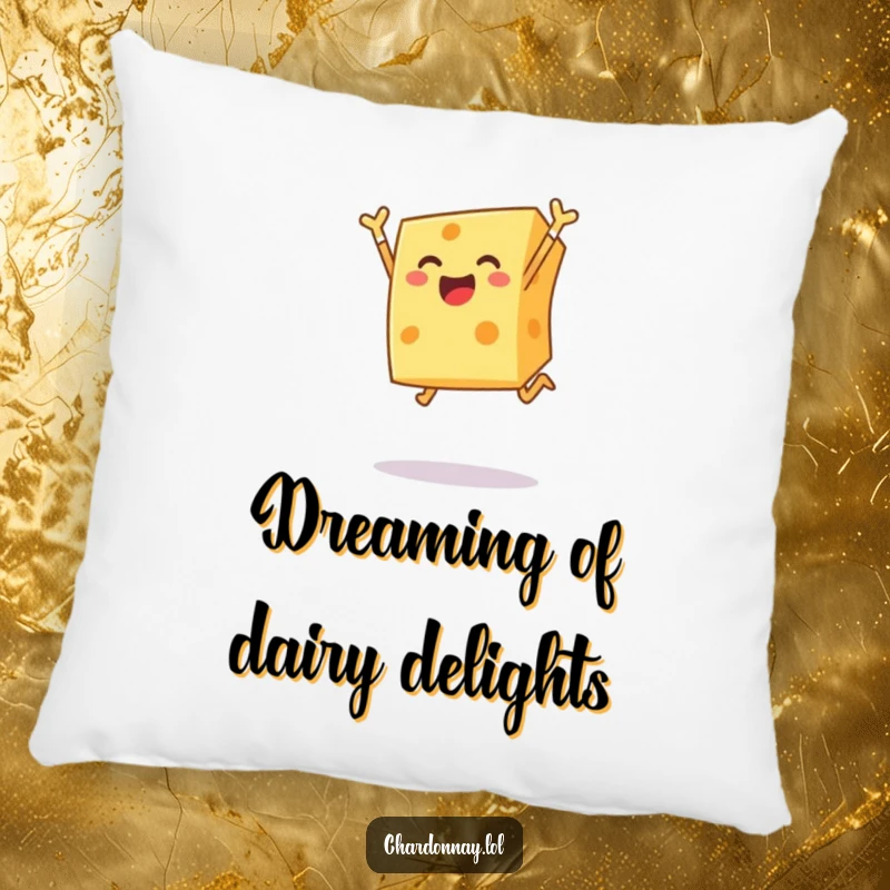 Funny pillow featuring a cheerful block of cheese leaping joyfully, offering hilarious comfort and a touch of dairy-themed whimsy.