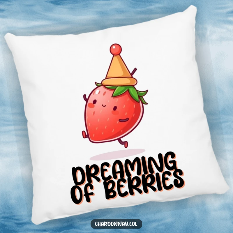 Funny pillow featuring a strawberry in a hat doing a cartwheel. Soft, decorative, and perfect for adding a touch of fruit-inspired humor.