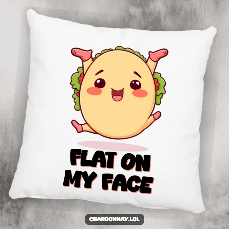 Funny taco splits pillow, a soft cushion featuring a happy cartoon taco doing the splits with great flexibility.
