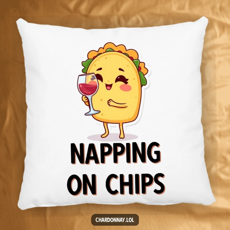Funny pillow featuring a winking taco character balancing a tiny wine glass, offering comfort with a side of humorous fiesta.