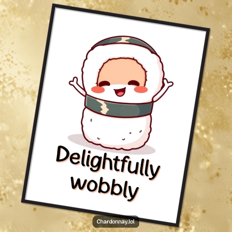 Funny sushi roll digital art, a high-resolution cartoon of a cheerful sushi roll wiggling and balancing with delight.