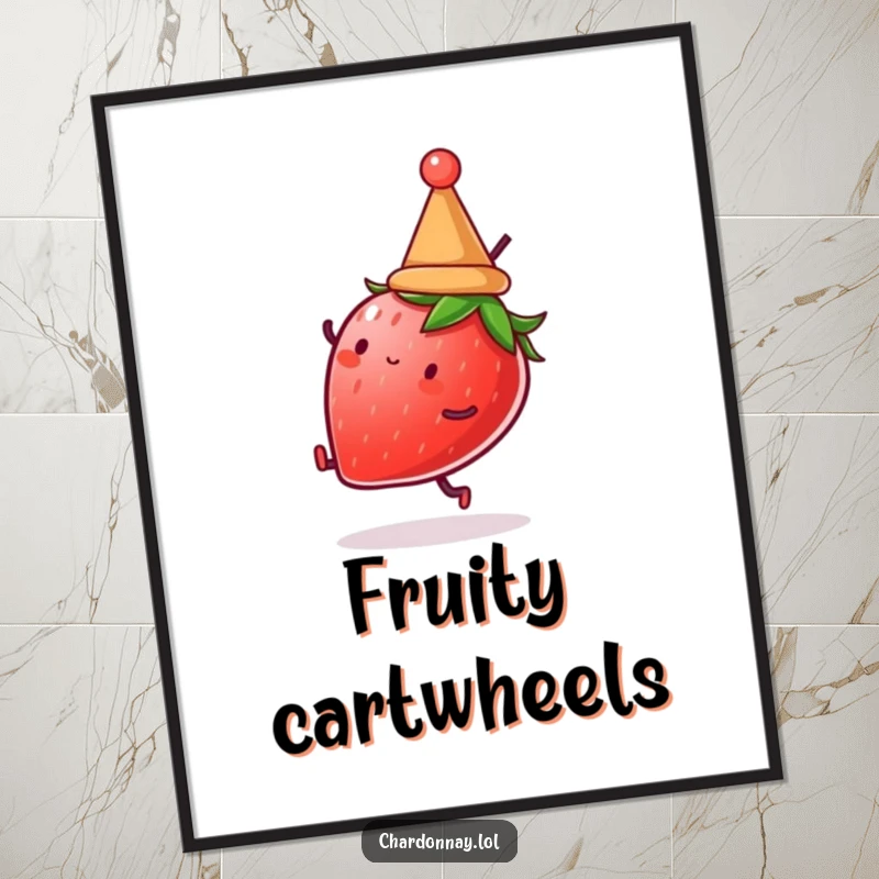 Funny digital art print of a strawberry doing a cartwheel. High-resolution, perfect for instant wall decor and humorous gifting.
