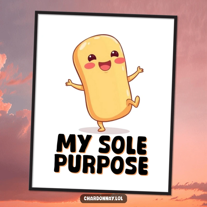 Funny digital art print of a happy baguette with stubby legs kicking its heels up, ideal for instant humorous wall decor.