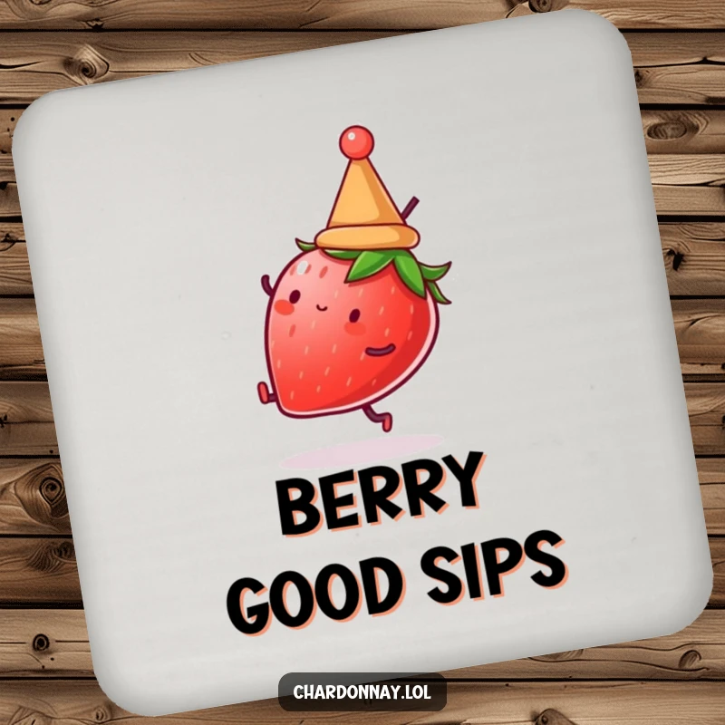Funny drink coaster with a strawberry in a hat doing a cartwheel. Protects surfaces while adding a humorous fruit accent.