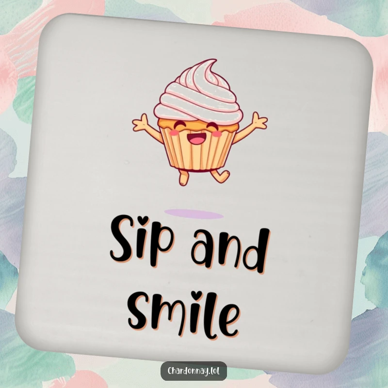 Funny giggling cupcake coaster, a joyful character leaping with frosting, adding sweet humor to tabletops.