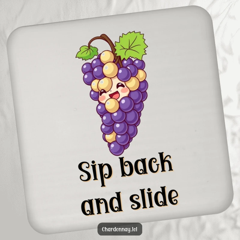 Funny drink coaster with giggling grapes sliding down a bottle. Protects surfaces while adding a humorous accent.