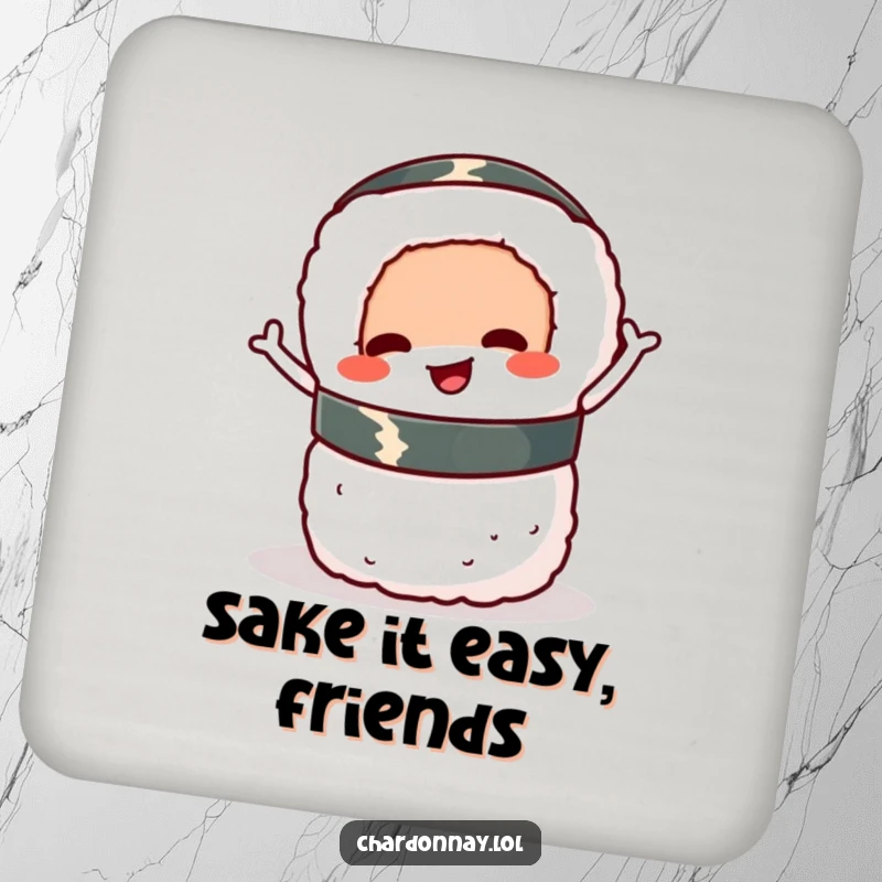 Funny sushi roll drink coaster, a cartoon sushi roll wiggling and balancing, adding charm and humor.