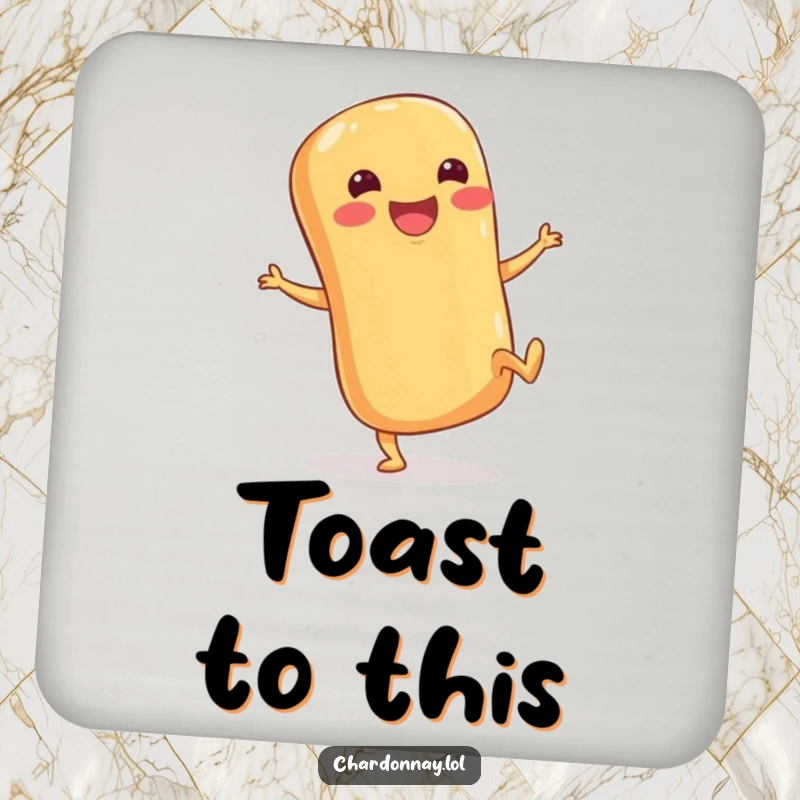 Funny drink coasters showcasing a happy baguette with stubby legs kicking its heels up, adding a touch of humor to any drink.