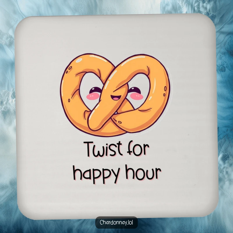 Funny drink coaster with a pretzel twisting into a funny shape. Protects surfaces while adding a humorous, salty accent.