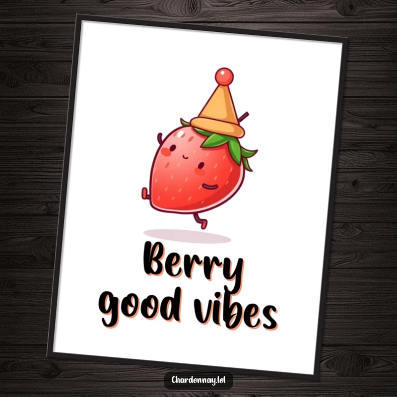 Funny poster of a strawberry with a hat doing a cartwheel. Adds a playful and humorous touch to any wall decor.