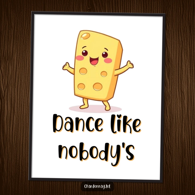 Funny poster of a smiling cheese wedge doing a silly dance move. Adds a playful and humorous touch to any wall decor.