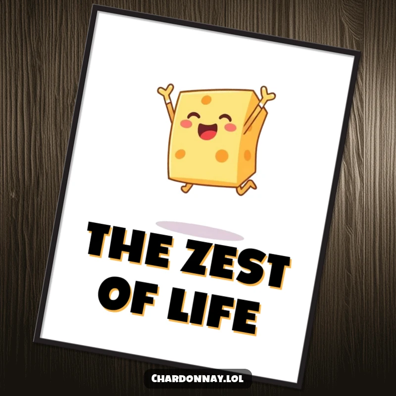 Funny poster featuring a cheerful block of cheese leaping joyfully into the air, radiating hilarious, dairy-inspired fun and energy.