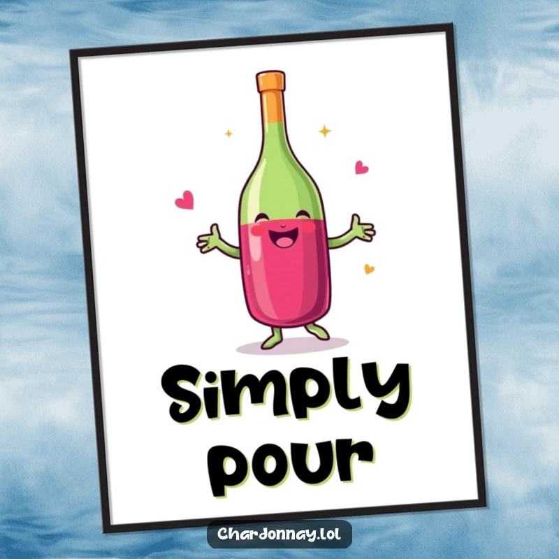Funny poster art of a smiling wine bottle doing a happy little dance, bringing lively energy and humor to your decor.