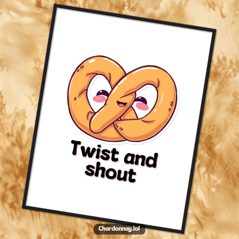 Funny poster of a pretzel twisting into a funny shape. Adds a playful and humorous touch to any wall decor.