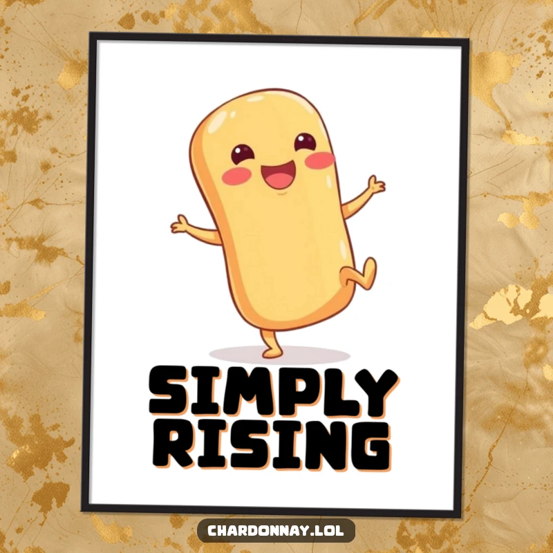 Funny poster print of a happy baguette with short legs kicking its heels up, radiating infectious energy and doughy cheer.