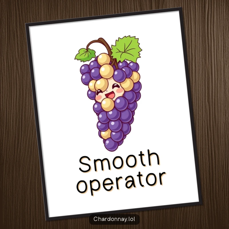 Funny poster of giggling grapes sliding down a bottle, celebrating wine and fun. Ideal for kitchens and home bars.
