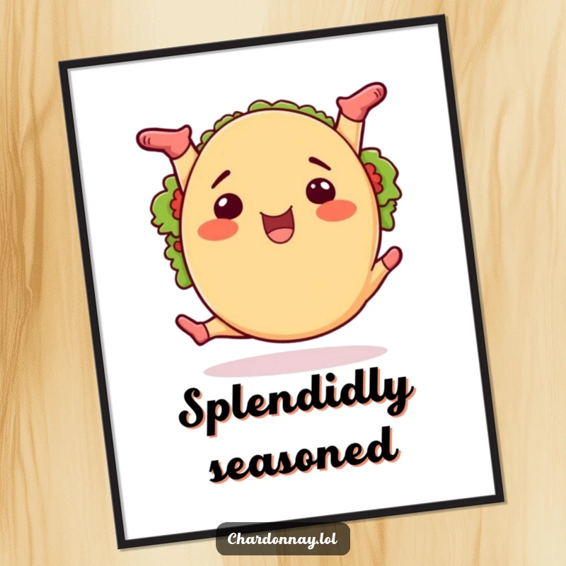 Funny taco splits poster, a colorful artwork of a happy cartoon taco performing a wide split with zest and flair.