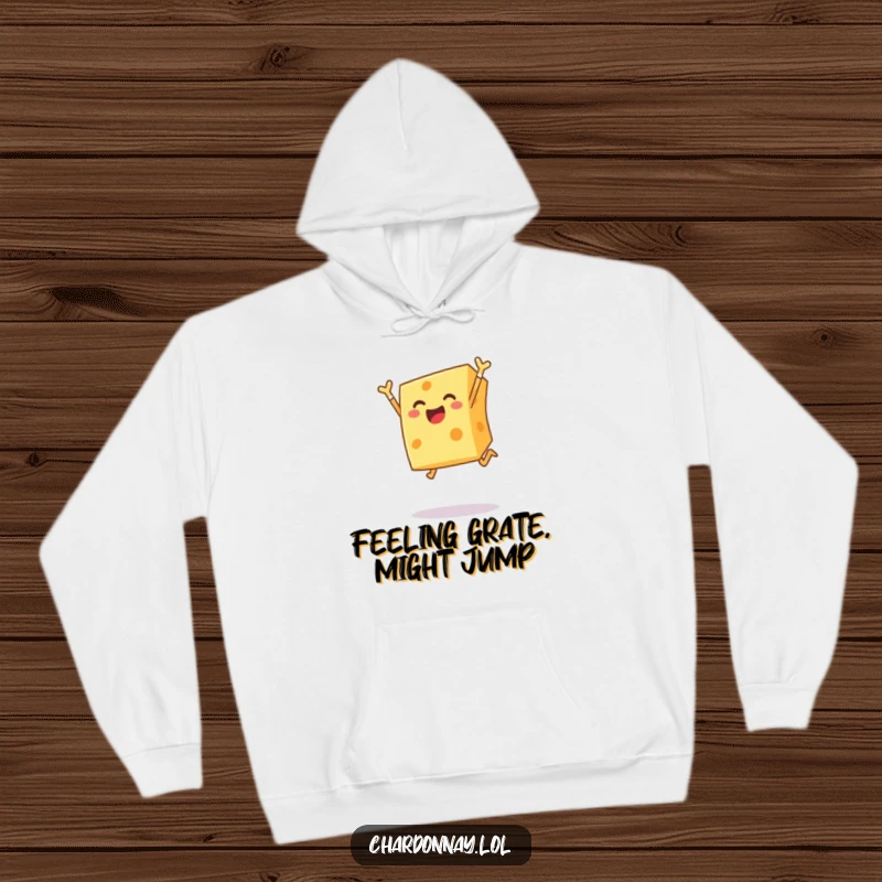Funny hoodie featuring a cheerful block of cheese leaping joyfully, offering warmth and a dose of hilarious, dairy-inspired fun.