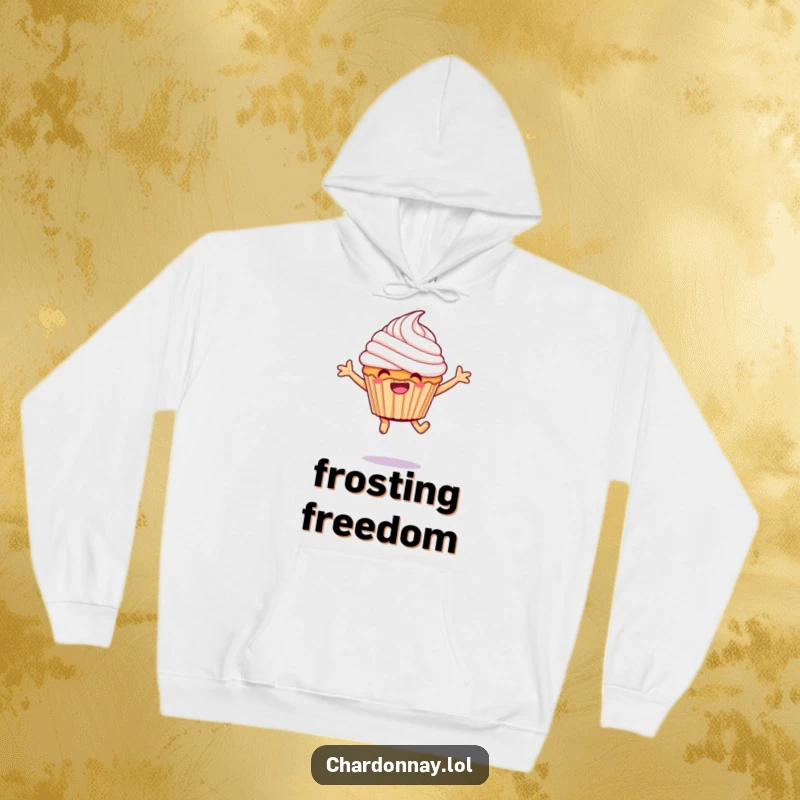 Funny giggling cupcake hoodie, a cheerful dessert character mid-leap, exuding warmth and hilarious, sweet energy.