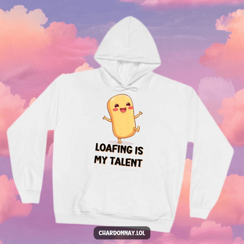 Funny hoodie with a happy baguette character sporting stubby legs, joyfully kicking its heels up in an energetic, cheerful stance.