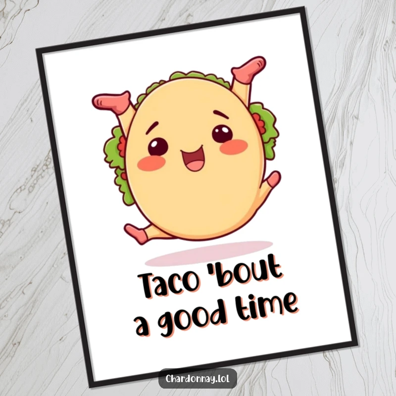 Funny Free Printable Wall Art: A vibrant, happy taco performing an impressive split with energetic zest and remarkable flair.