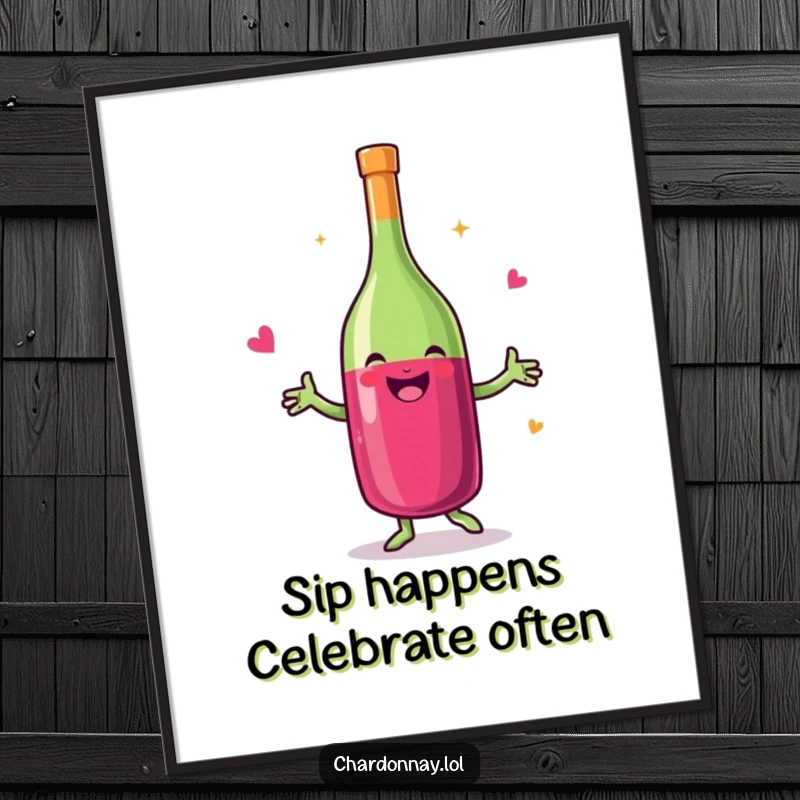 Funny Free Printable Wall Art: A smiling bottle of wine doing a lively and happy little dance.