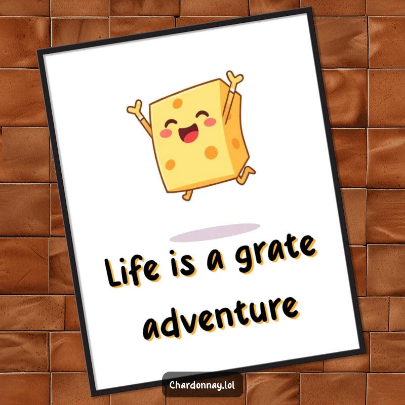 Funny Free Printable Wall Art: A cheerful block of cheese captured mid-leap, bringing deliciously quirky humor to your decor.