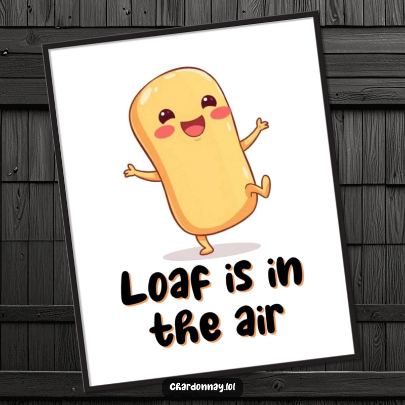 Funny Free Printable Wall Art: A cheerful baguette with stubby legs kicking its heels up in a whimsical dance.