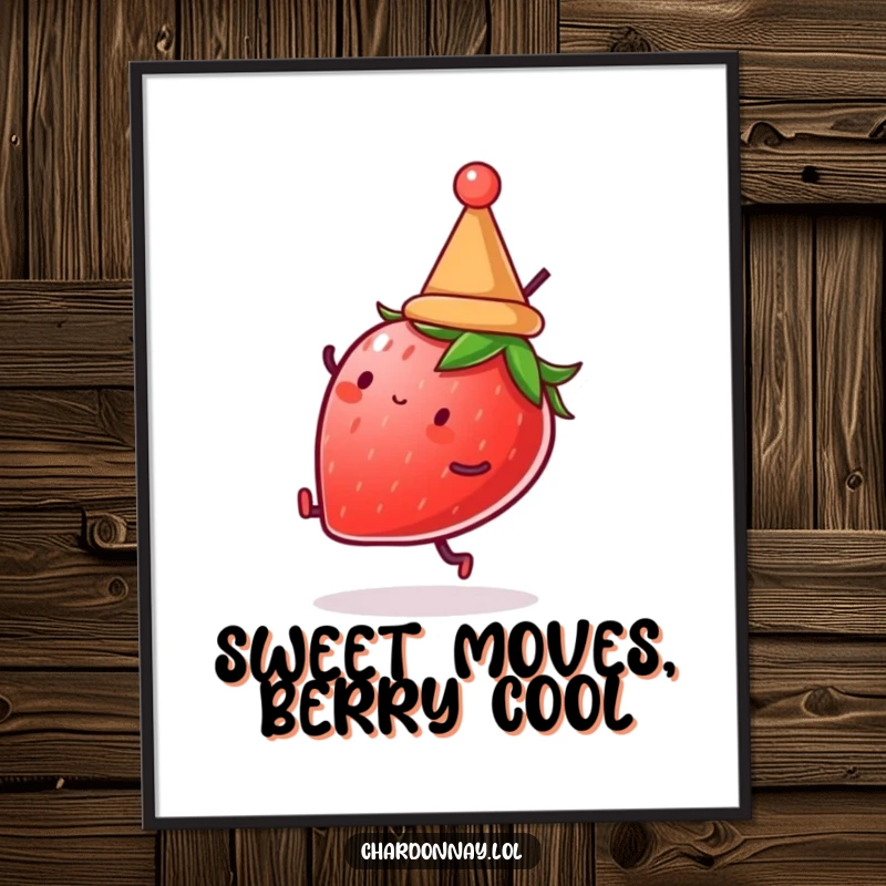 Funny Free Printable Wall Art: A strawberry wearing a cute hat, executing a joyful cartwheel.