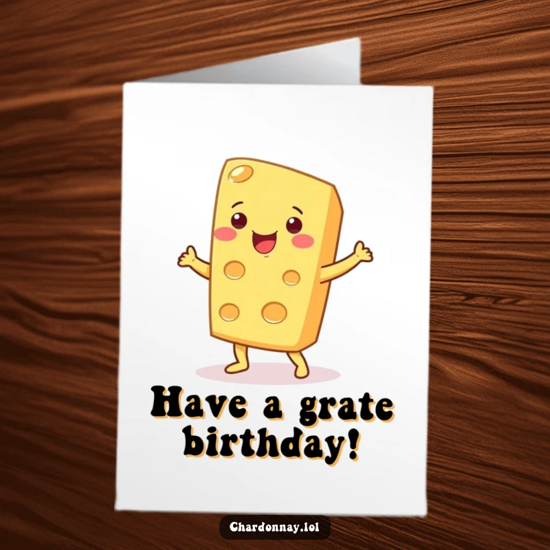 Funny Free Printable Birthday Card: A smiling wedge of cheese performing a goofy, energetic dance move.