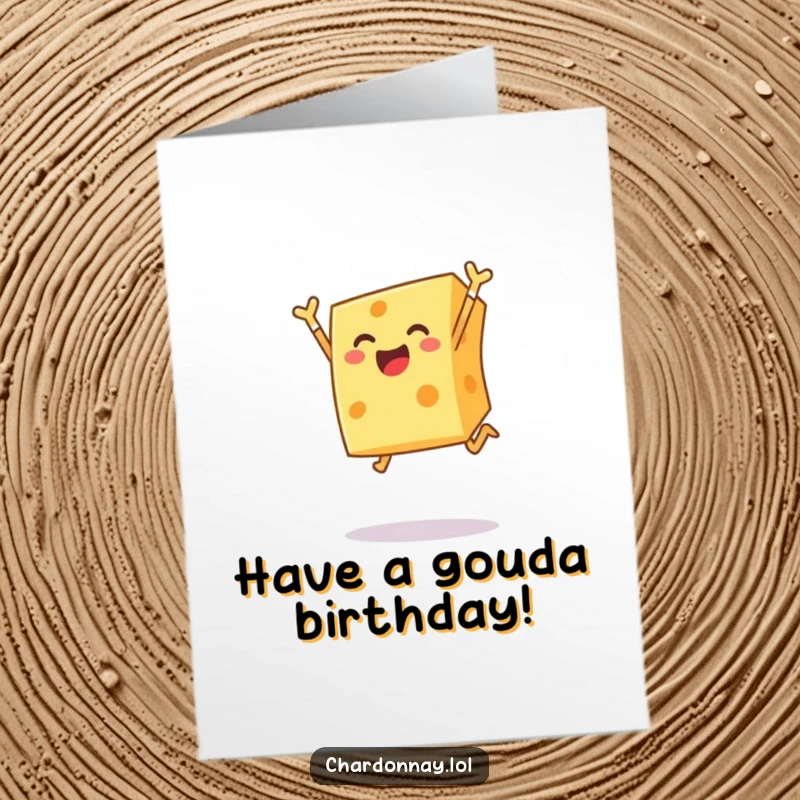 Funny Free Printable Birthday Card: A cheerful block of cheese joyfully leaping into the air, ready to party.