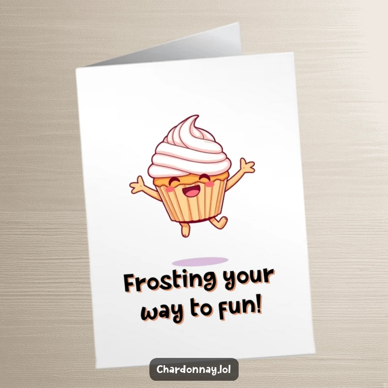 Funny Free Printable Birthday Card: A giggling cupcake with swirly frosting joyfully leaps high, perfect for a laugh.