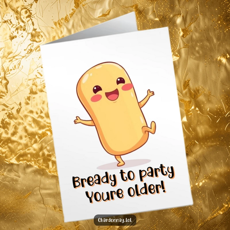 Funny Free Printable Birthday Card: A stubby-legged baguette gleefully kicking its heels up in celebration.