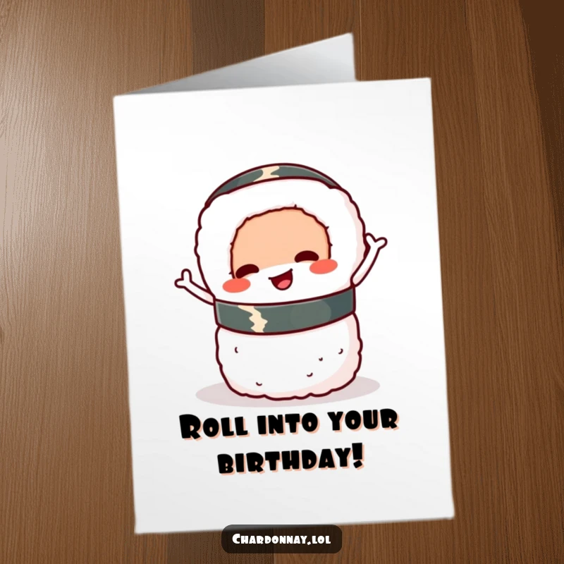 Funny Free Printable Birthday Card: A happy sushi roll balancing precariously, wiggling with pure, unadulterated delight.