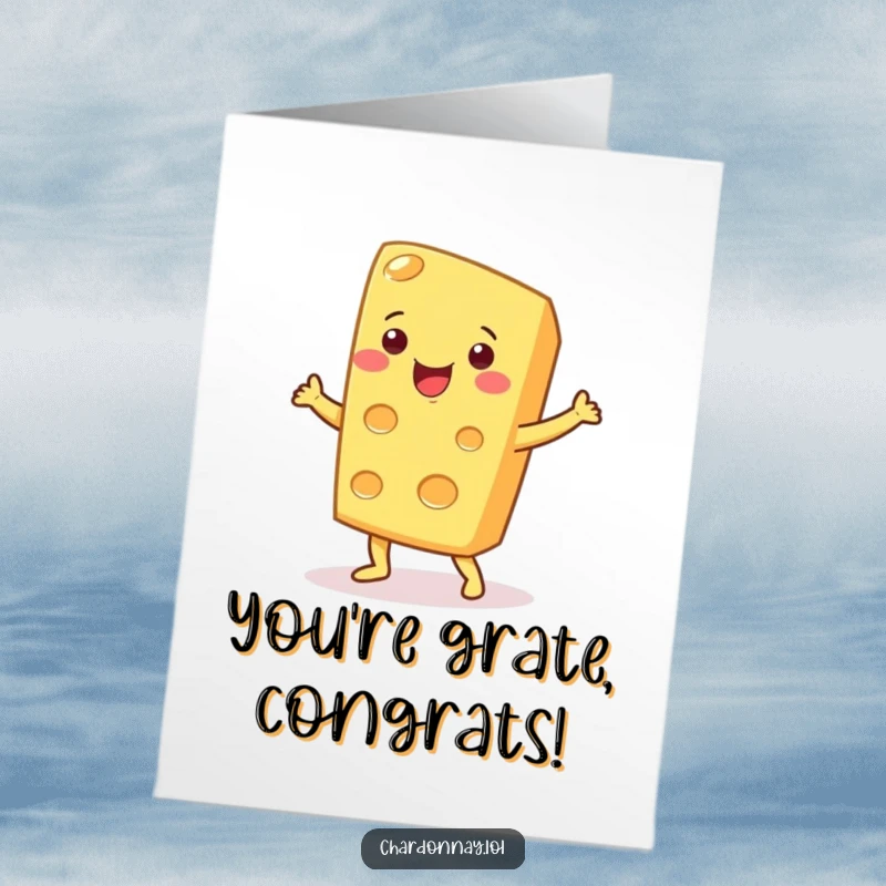 Funny Free Printable Congratulations Card: A beaming cheese wedge doing a jubilant and silly dance.