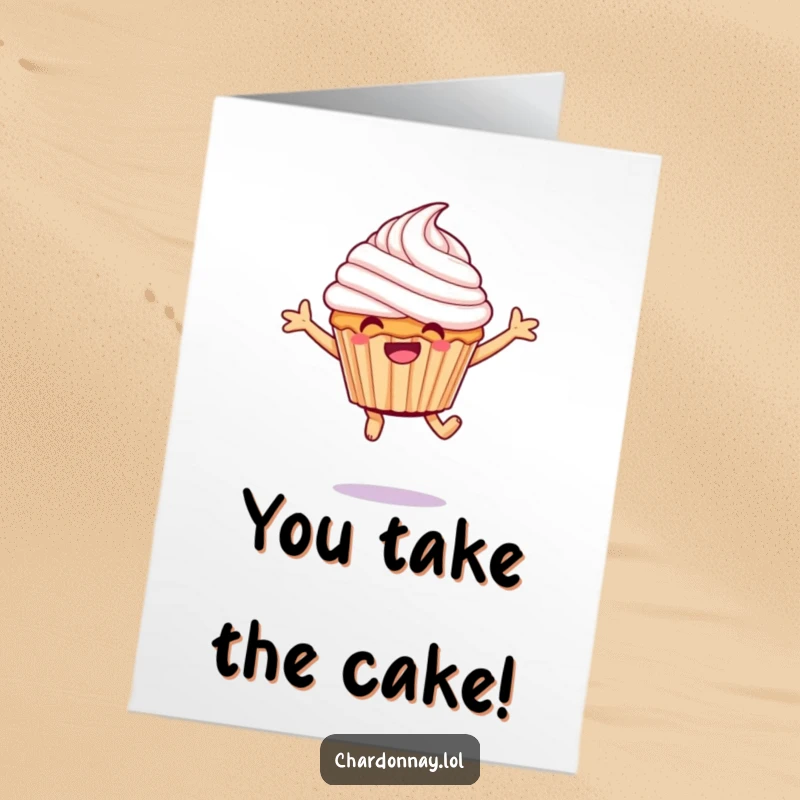 Funny Free Printable Congrats Card: A happy, giggling cupcake with big frosting leaps in celebration, perfect for any occasion.