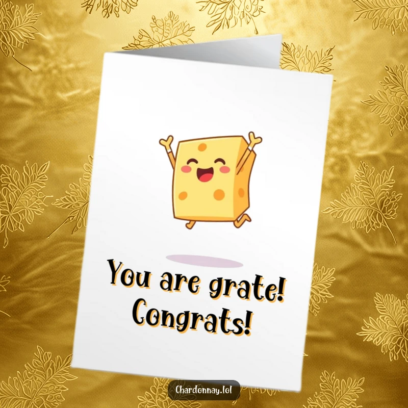 Free Printable Congratulations Card: A cheerful block of cheese leaping exuberantly to celebrate success.