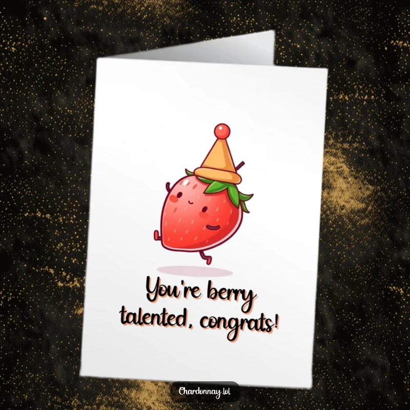 Funny Free Printable Congratulations Card: A strawberry sporting a mini hat, doing a celebratory cartwheel.