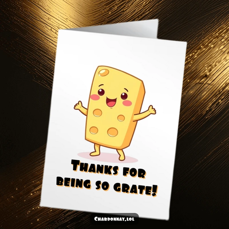Funny Free Printable Thank You Card: A smiling cheese wedge grooving out with thankful energy.